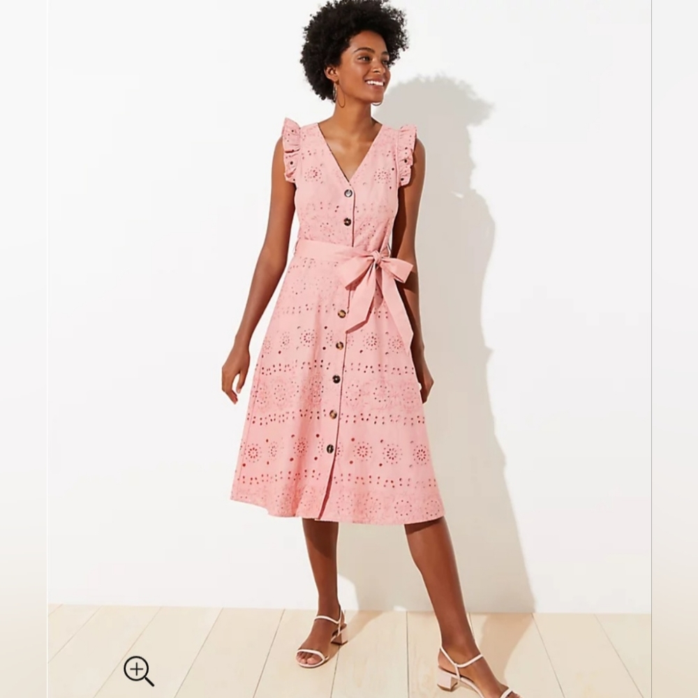 LOFT Pink Eyelet Midi Dress